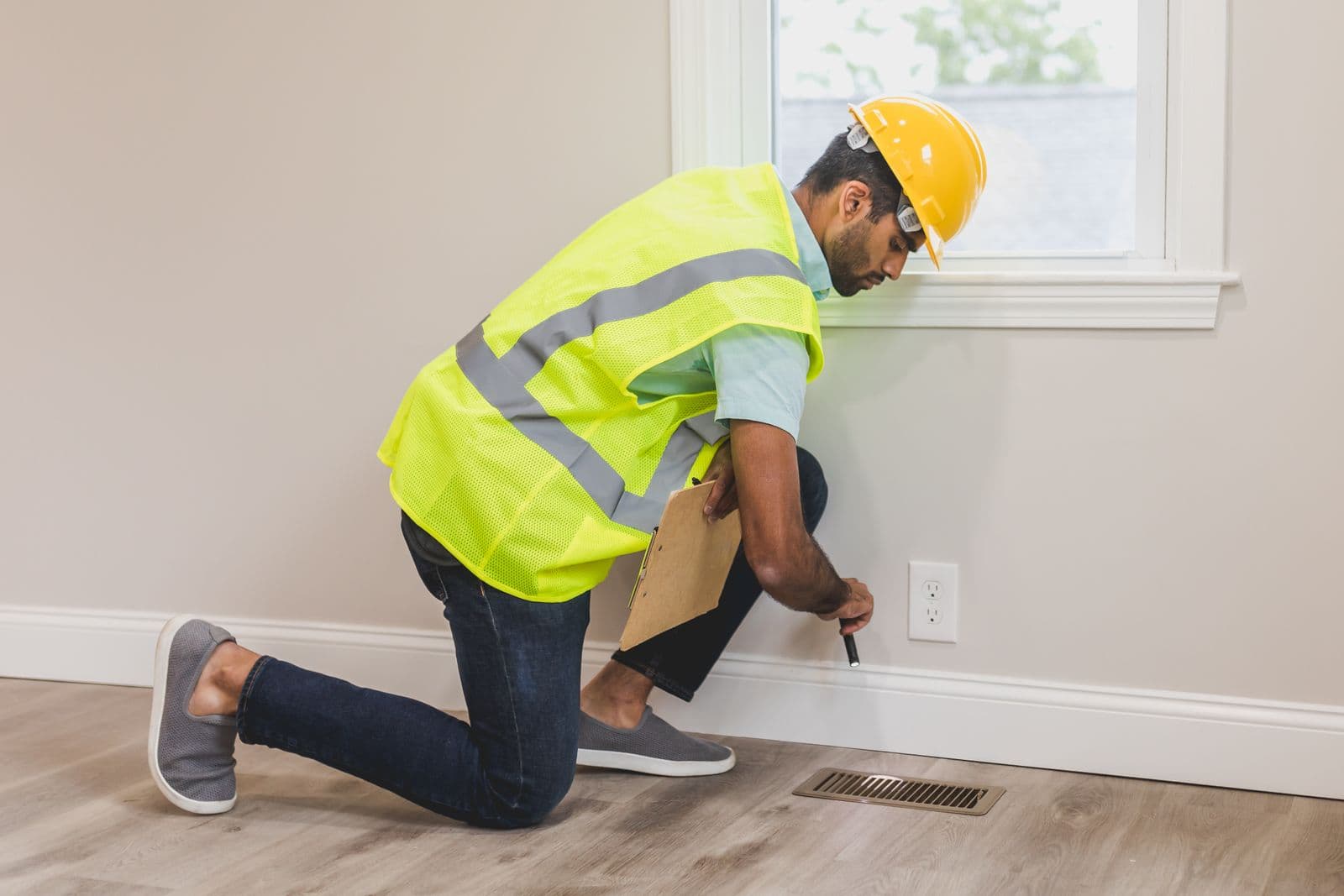 Worker in a safety vest checking a floor for water damage
